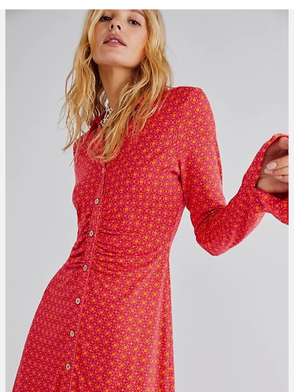 Free People Red & Yellow Long-Sleeve Button-Front Maxi Dress
